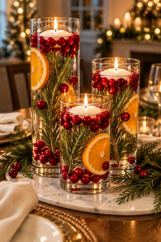 DIY Christmas centerpiece idea: floating cranberry candles in tall glass cylinders