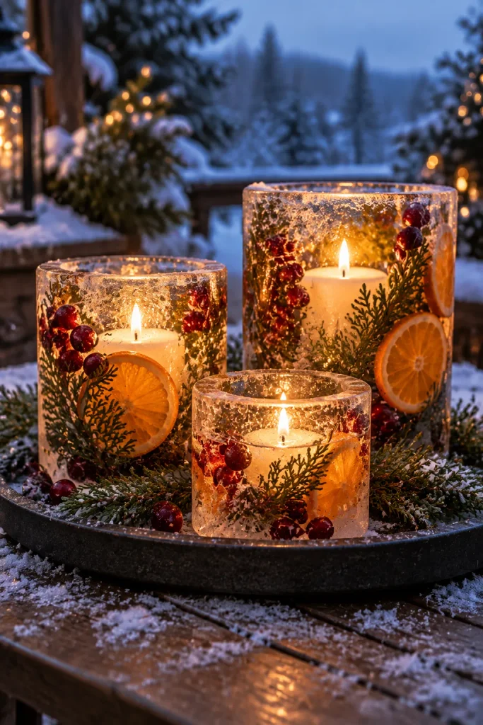 DIY Christmas centerpiece idea: frozen ice lanterns with greenery inside