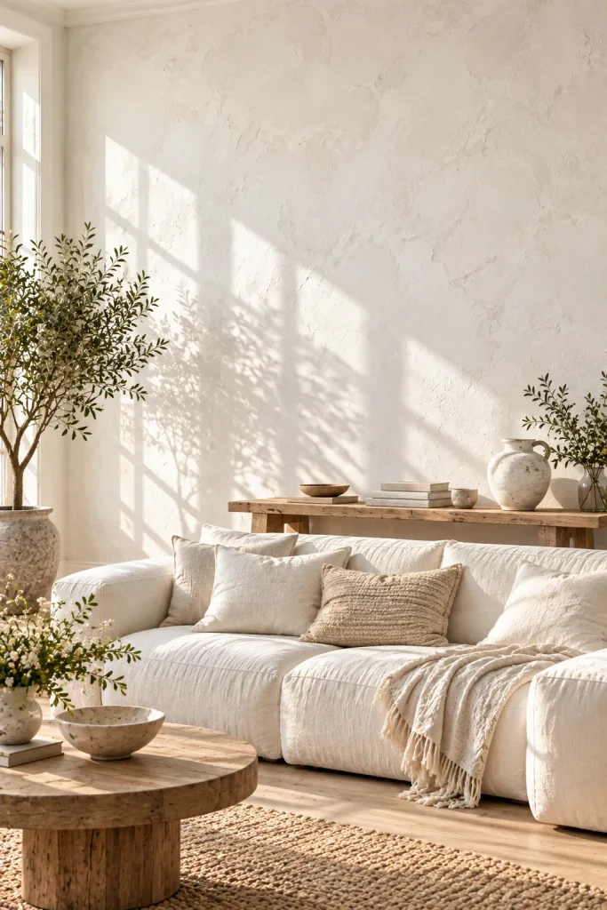 White living room walls with soft limewash texture – warm white living room idea