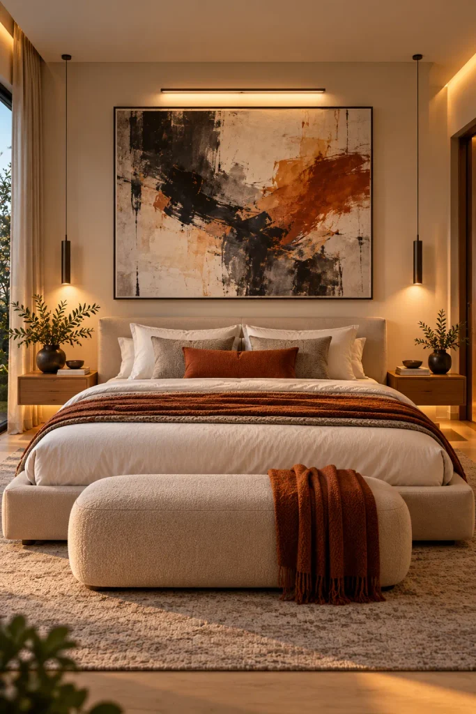 Master bedroom makeover idea: go big with one statement artwork
