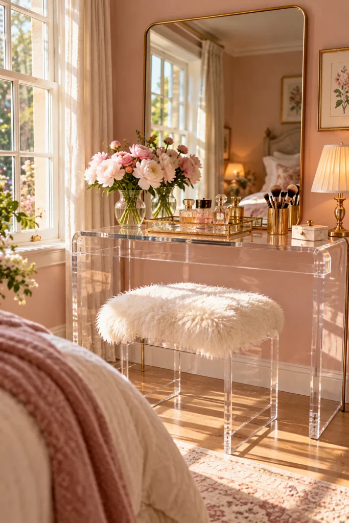 Small bedroom vanity idea: go ghost with clear acrylic