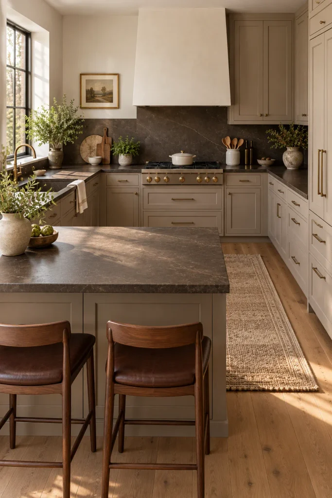 Warm neutral kitchen color idea: greige and dark chocolate