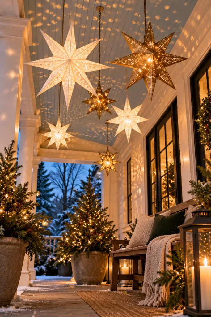 Christmas front porch idea: hang glowing stars from the porch ceiling