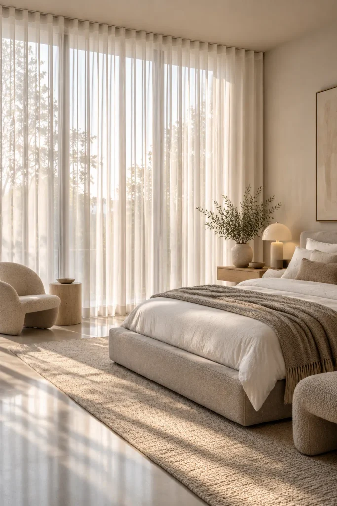Ripple curtains hung from the ceiling – minimalist bedroom idea