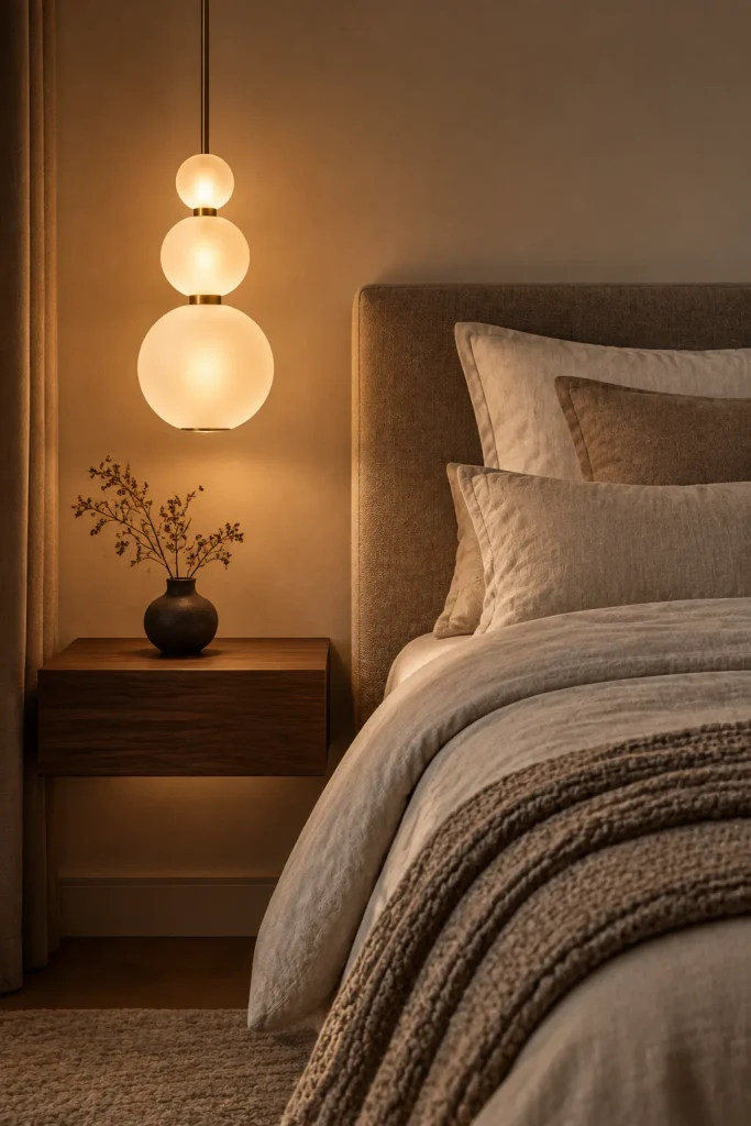Sculptural pendant lights beside a bed – minimalist bedroom idea