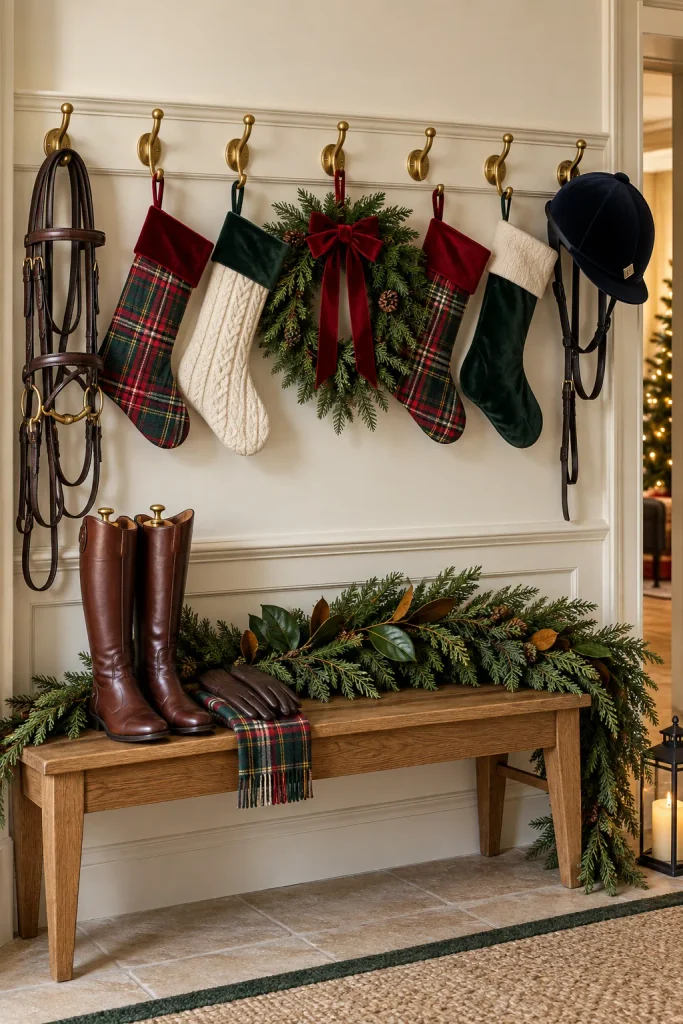 Ralph Lauren inspired Christmas idea: hang stockings on a tack room wall