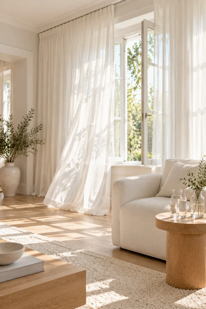 White linen curtains hung from ceiling to floor – warm white living room idea