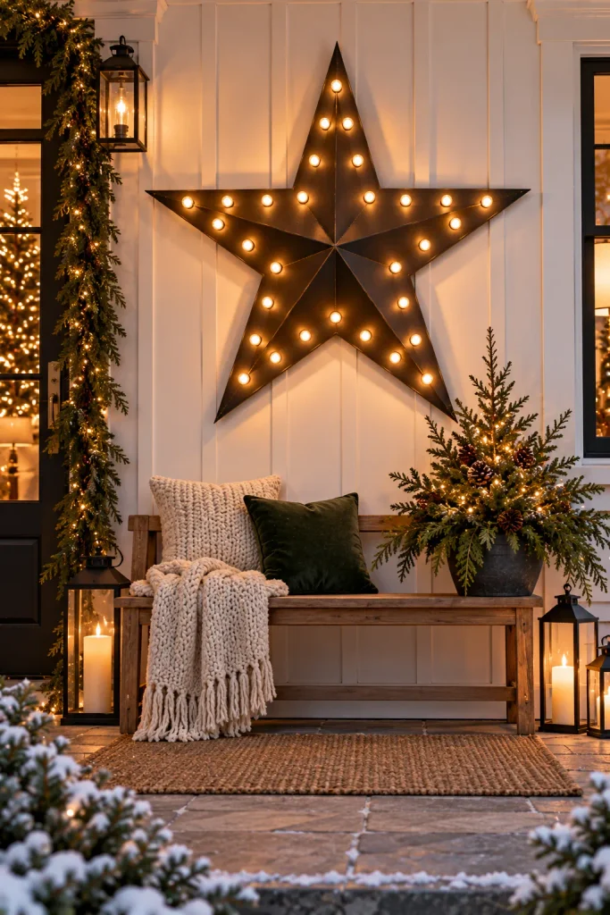 Christmas front porch idea: hang a giant light up star on the porch wall