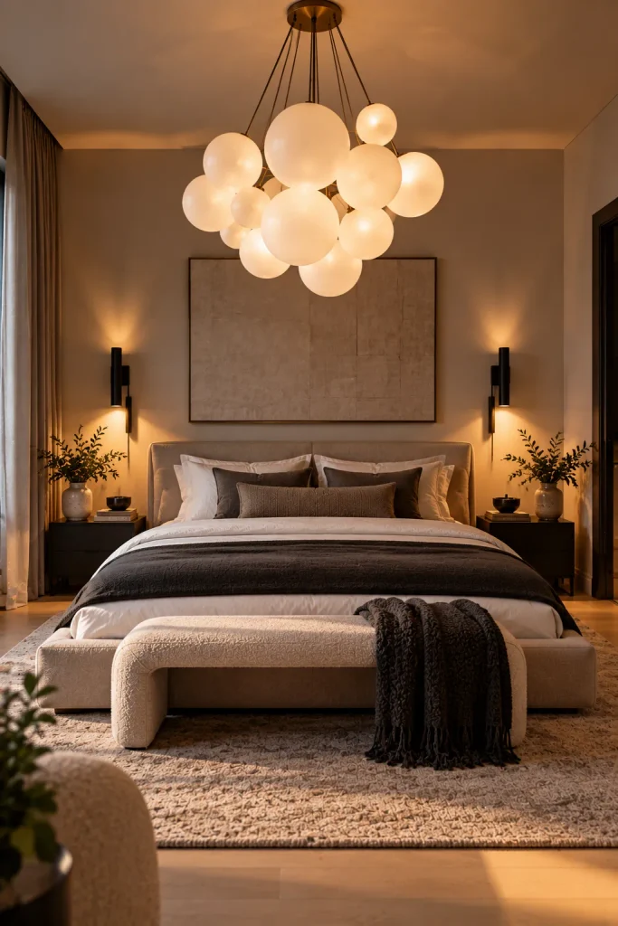 Master bedroom makeover idea: hang a light that works like art