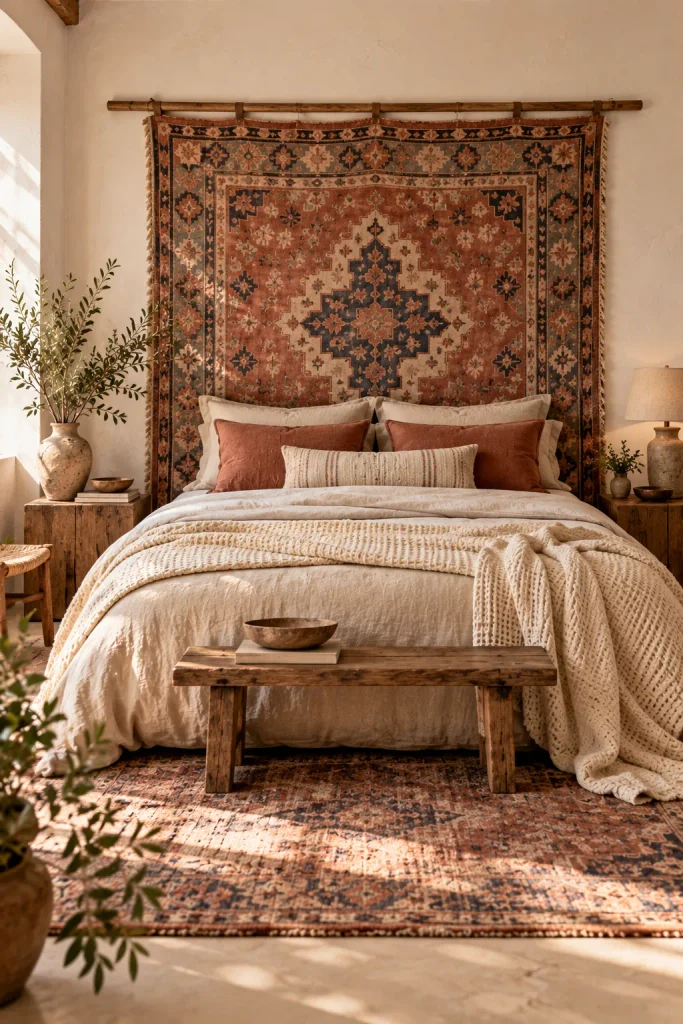 Boho bedroom idea: hang a vintage rug where the headboard should be