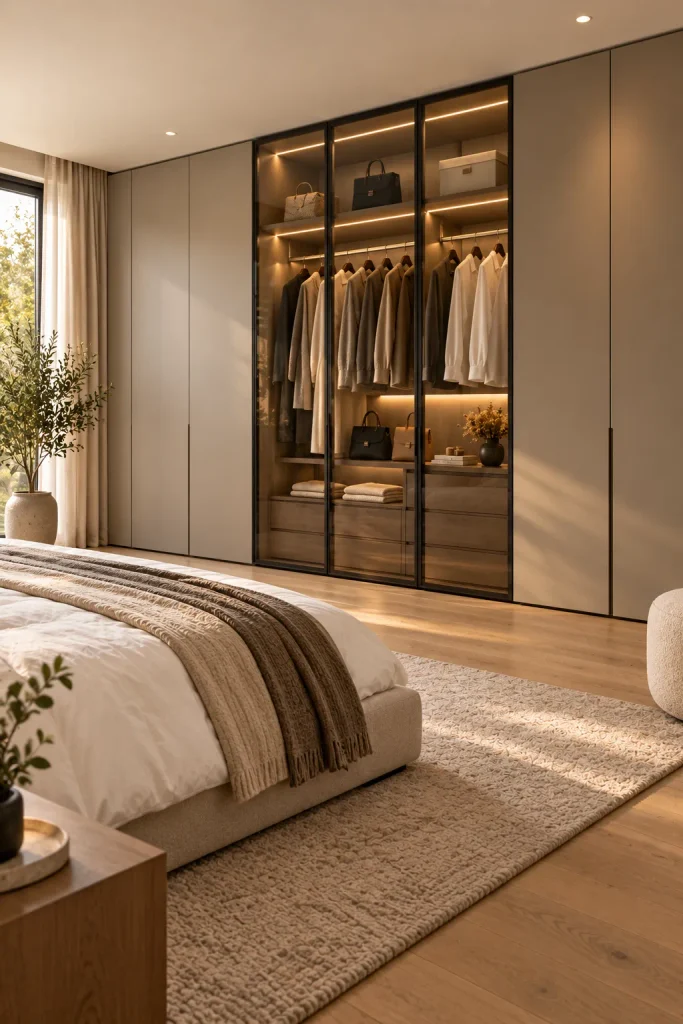 Master bedroom makeover idea: hide everything behind a smoked glass wardrobe wall