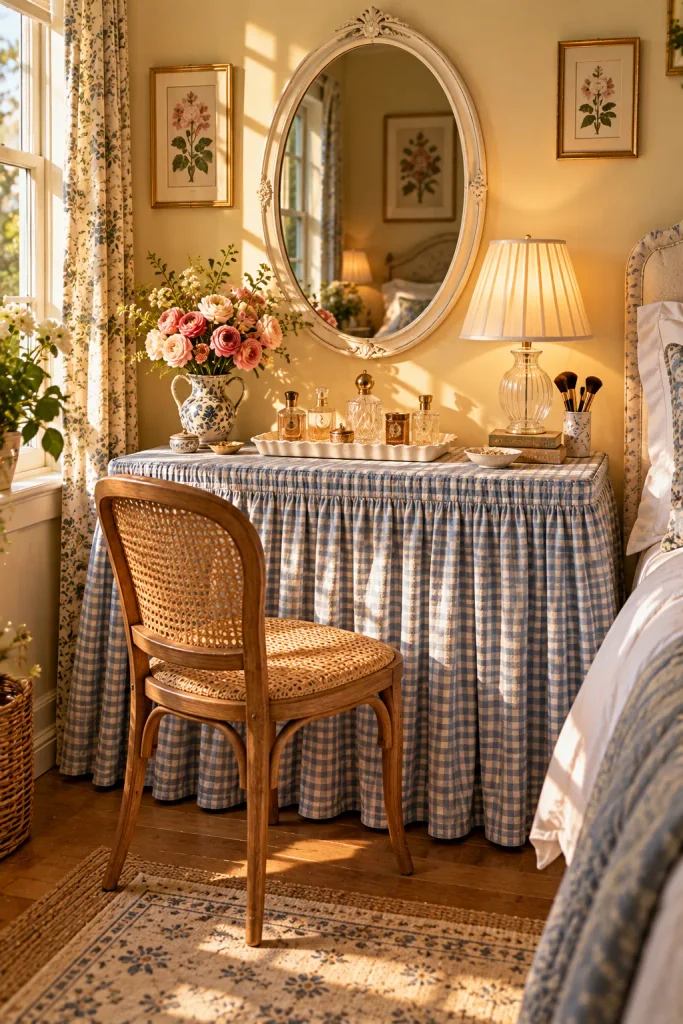 Small bedroom vanity idea: hide the clutter under a skirted vanity