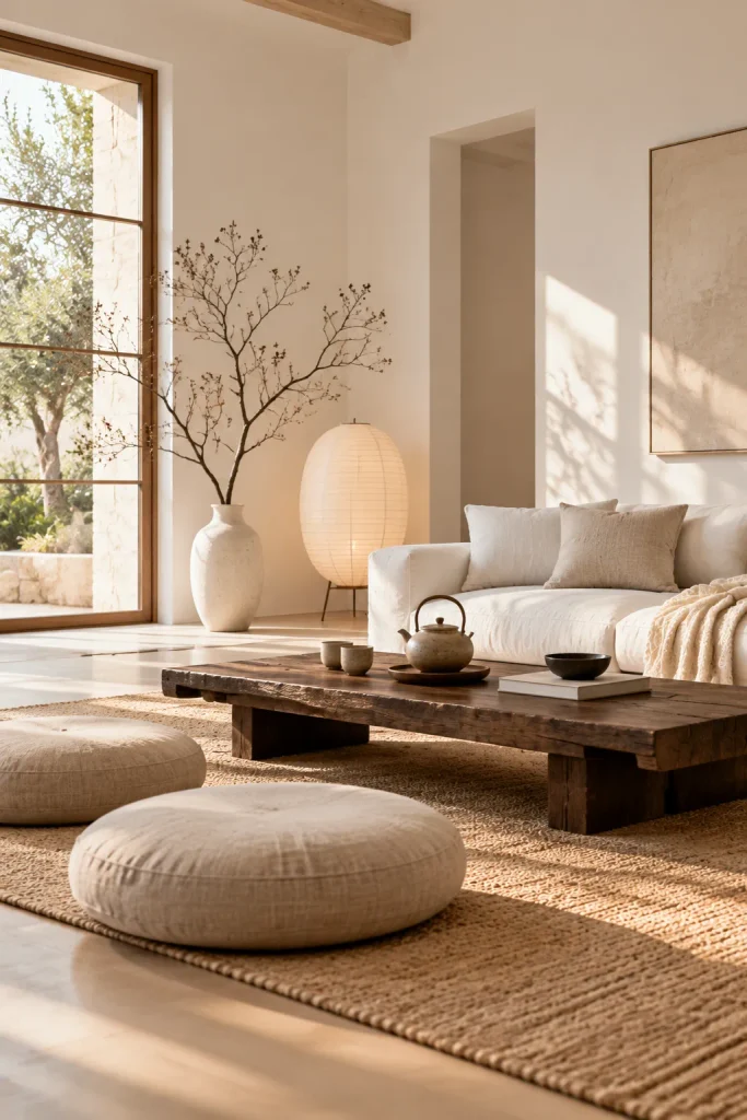 Low, calm Japandi-style white living room – warm white living room idea