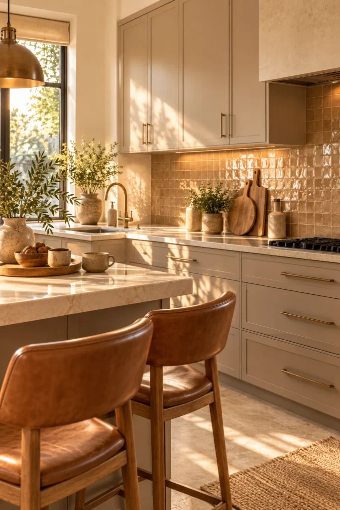 Warm neutral kitchen color idea: latte and caramel