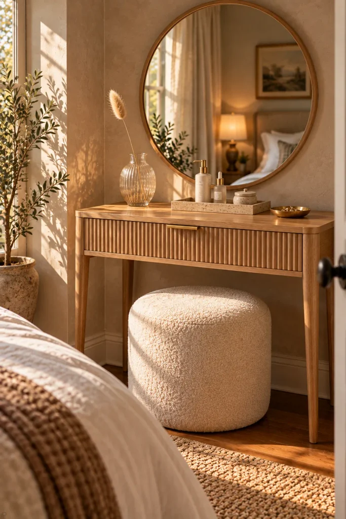 Small bedroom vanity idea: layer texture with fluted wood and boucle
