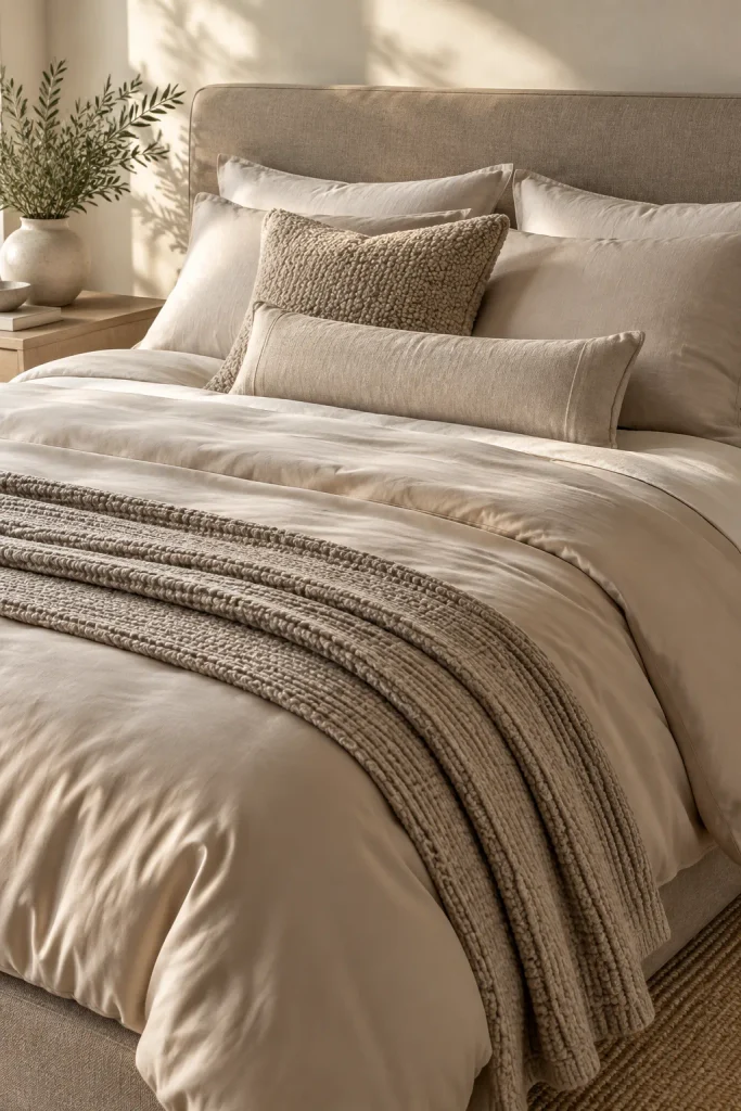 Bed layered with tonal textured bedding – minimalist bedroom idea