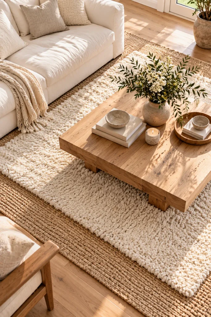 White rug layered over a natural jute rug – warm white living room idea