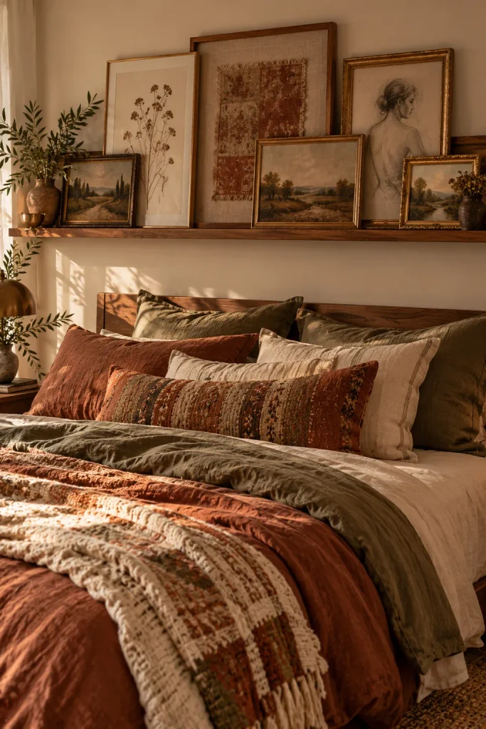 Boho bedroom idea: lean vintage art on a picture ledge