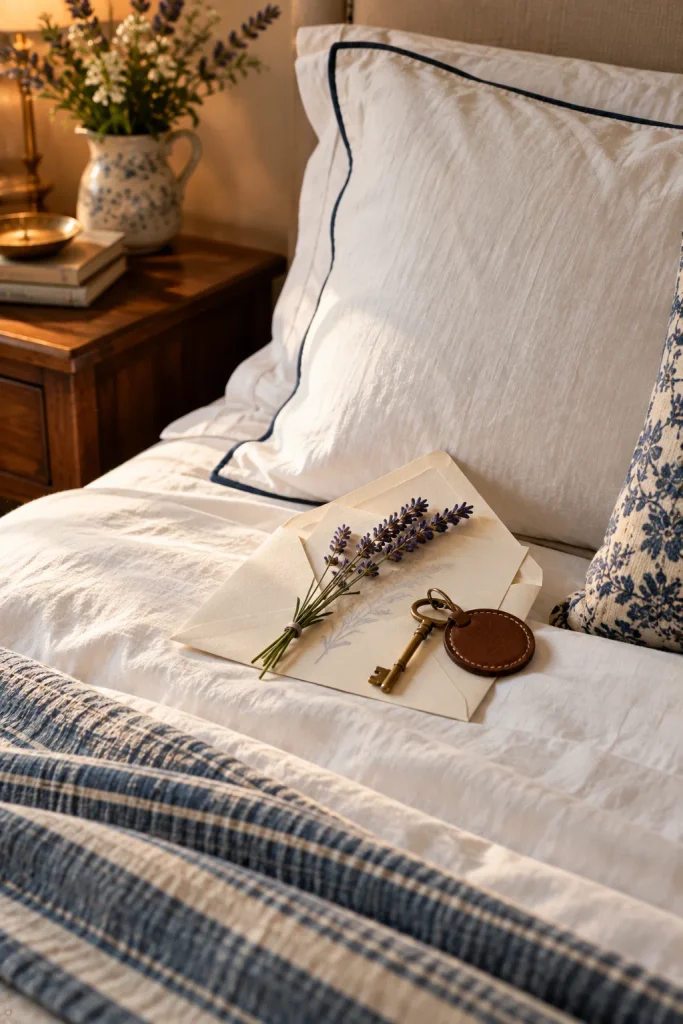 Guest bedroom idea: leave a check in card and a room key