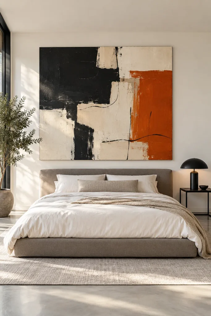 Minimalist bedroom with one large statement artwork – minimalist bedroom idea