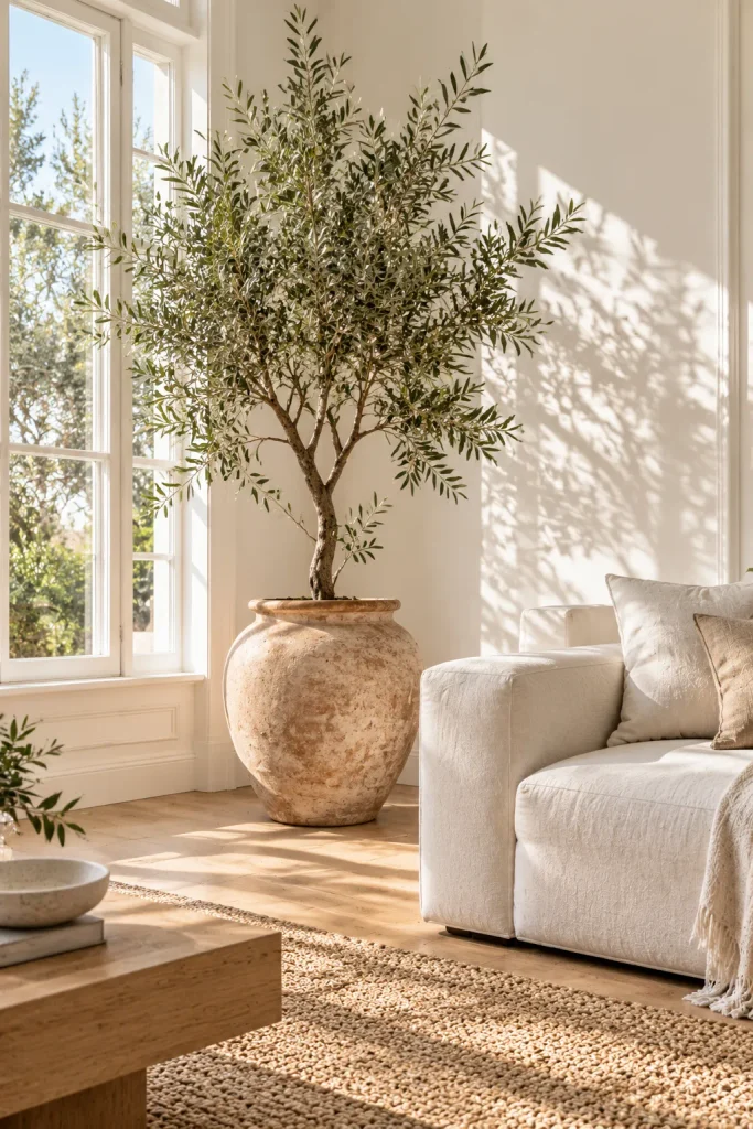 One large statement plant in a white living room – warm white living room idea