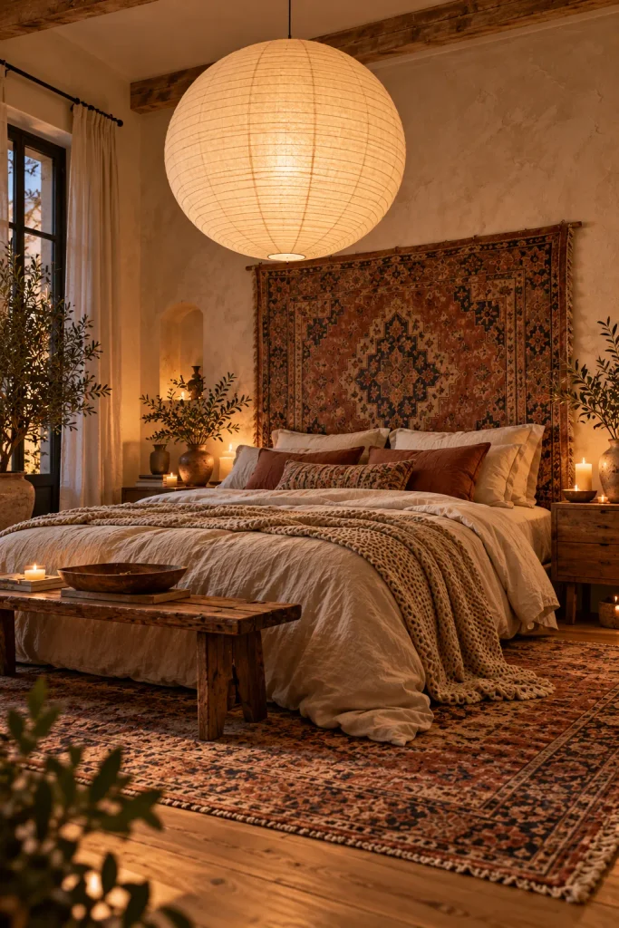 Boho bedroom idea: let one giant paper lantern steal the show