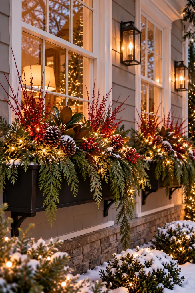 Christmas front porch idea: let the window boxes overflow