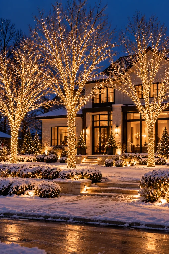 Outdoor Christmas decoration idea: light wrapped trees in the yard