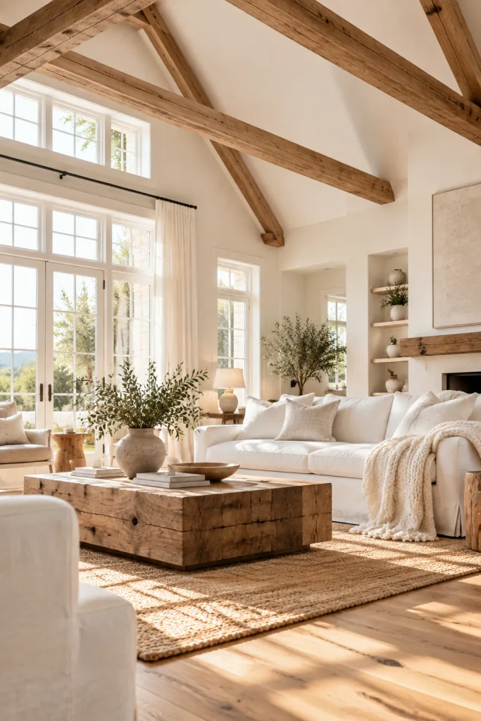 Wooden ceiling beams over a white living room – warm white living room idea