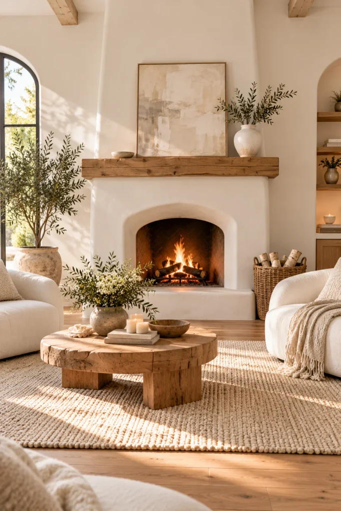 White plaster fireplace as the living room focal point – warm white living room idea