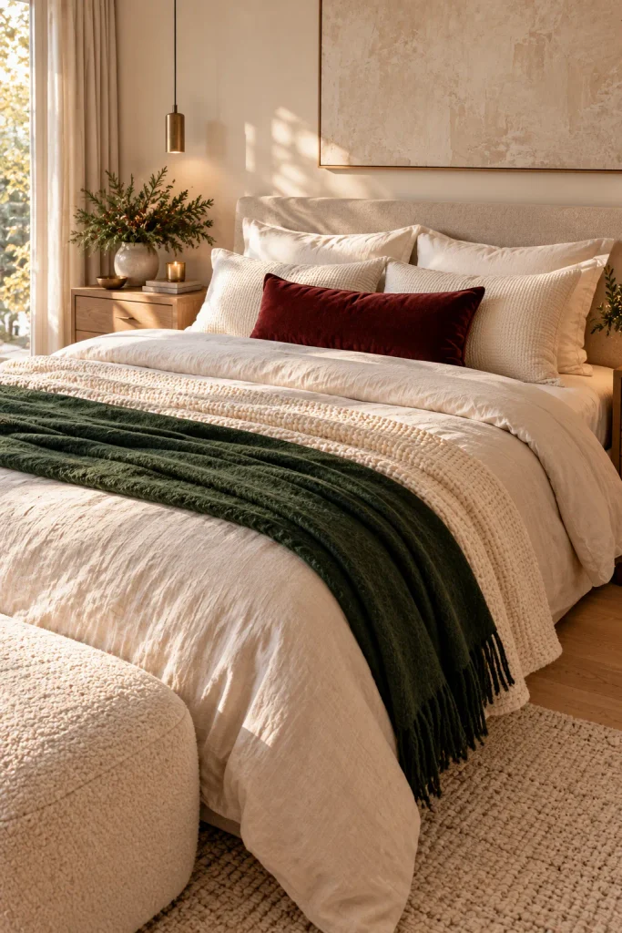 Christmas bedroom decor idea: make the bed a snowy showpiece