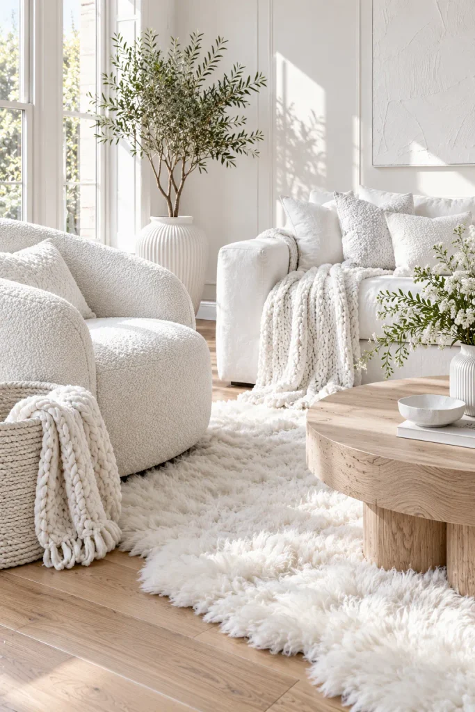 White living room mixing many soft textures – warm white living room idea
