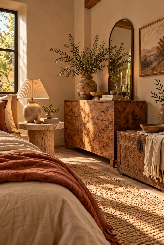 Boho bedroom idea: mix stone burl and one real antique