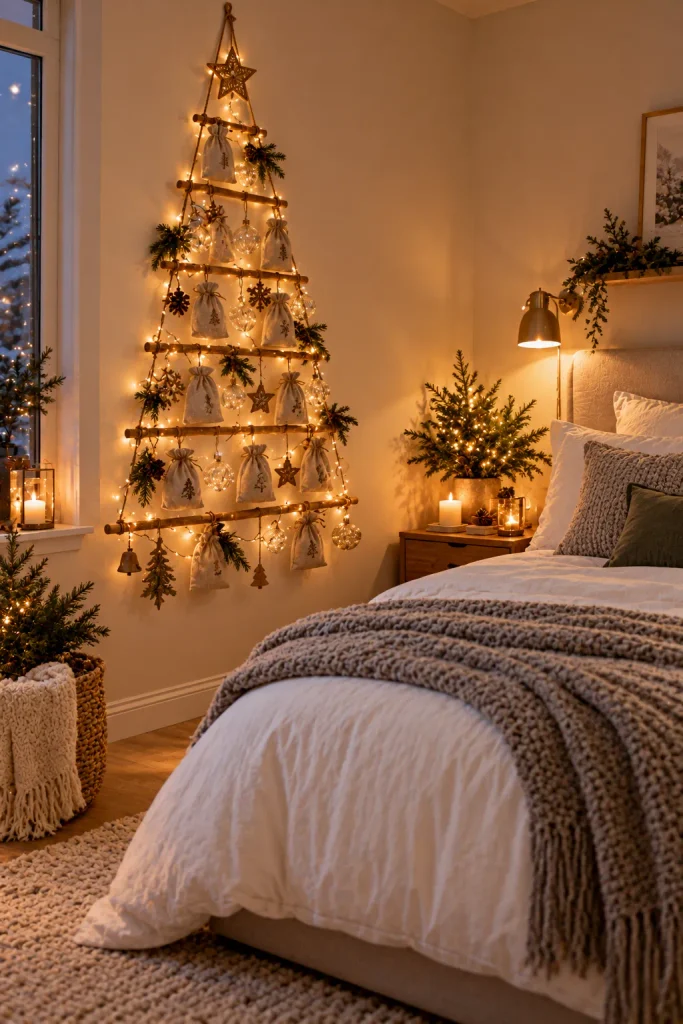 Christmas bedroom decor idea: mount a wall tree for small bedrooms