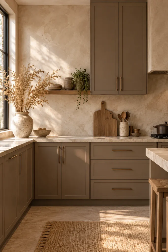 Warm neutral kitchen color idea: mushroom and limewash white