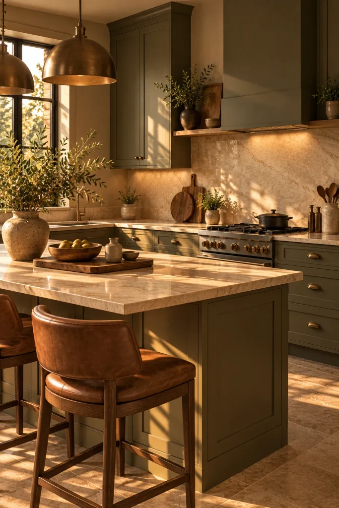 Warm neutral kitchen color idea: olive khaki and mocha