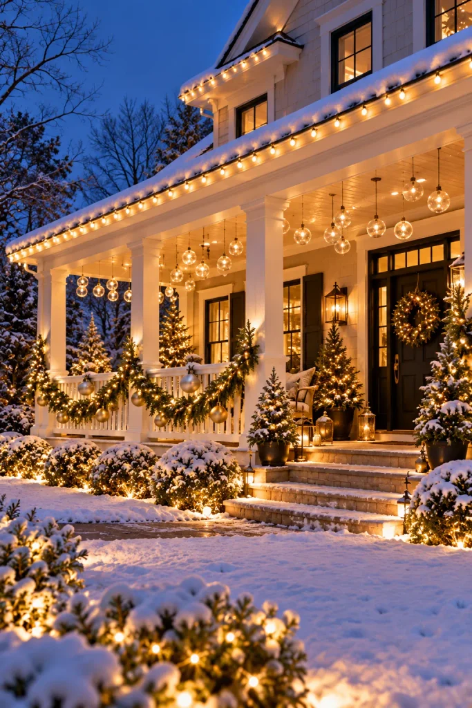 Christmas front porch idea: outline the porch roof in warm light