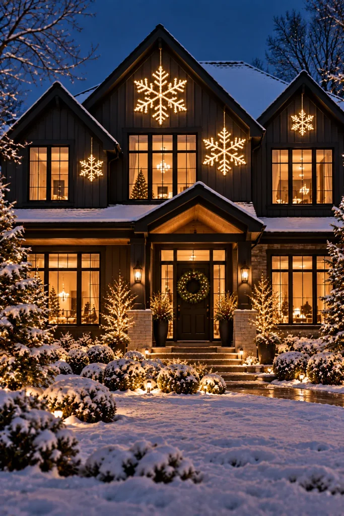 Outdoor Christmas decoration idea: oversized snowflakes on the house