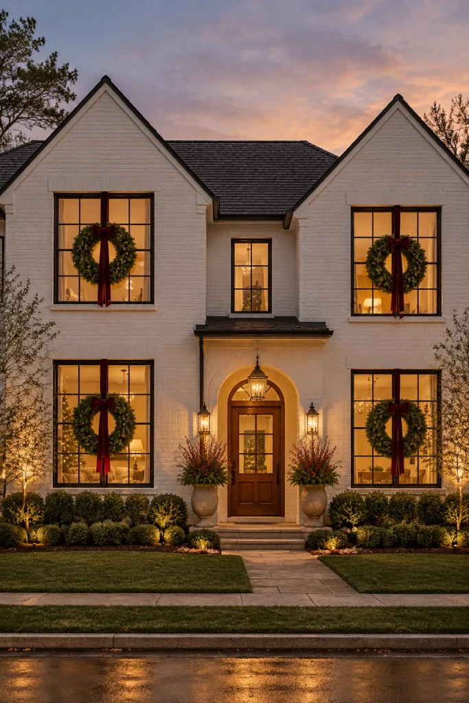 Burgundy Christmas decoration idea: oversized wreaths hung in every front window