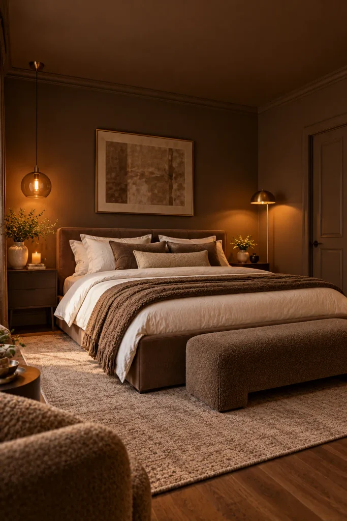 Master bedroom makeover idea: paint everything one moody color