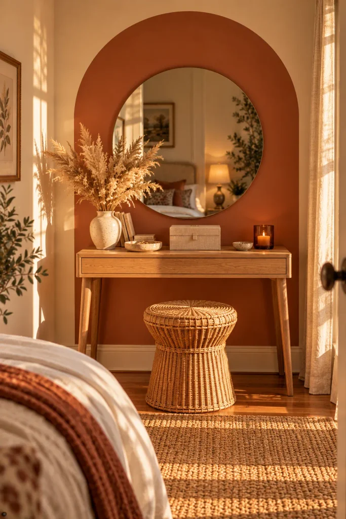 Small bedroom vanity idea: paint an arch to frame the space