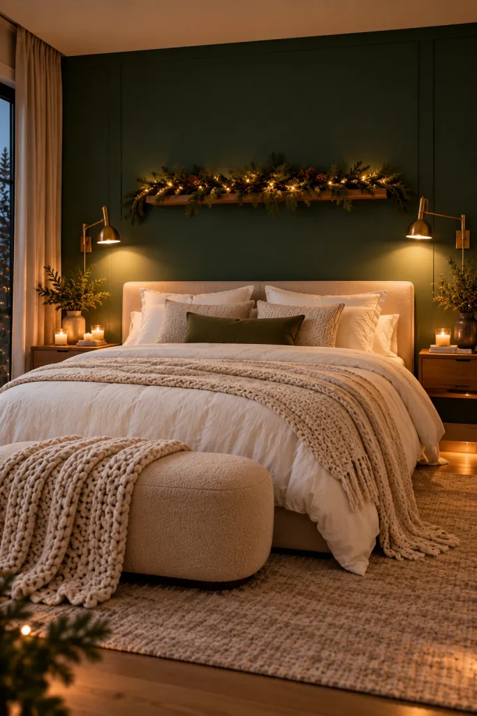 Christmas bedroom decor idea: paint the bed wall a deep evergreen