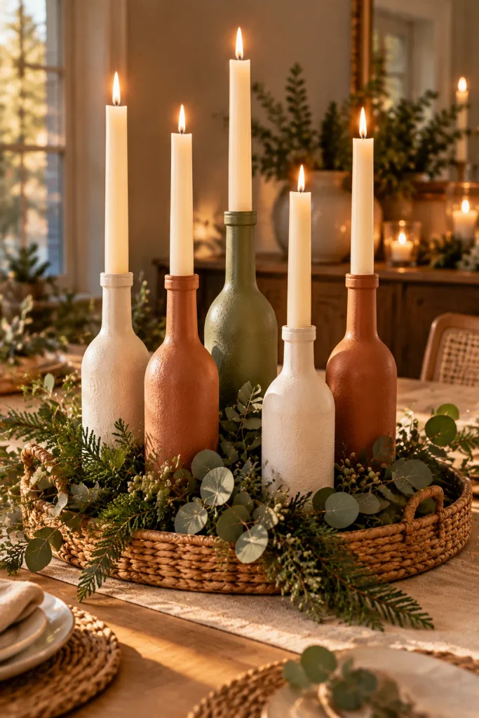 DIY Christmas centerpiece idea: painted wine bottles as ceramic candleholders