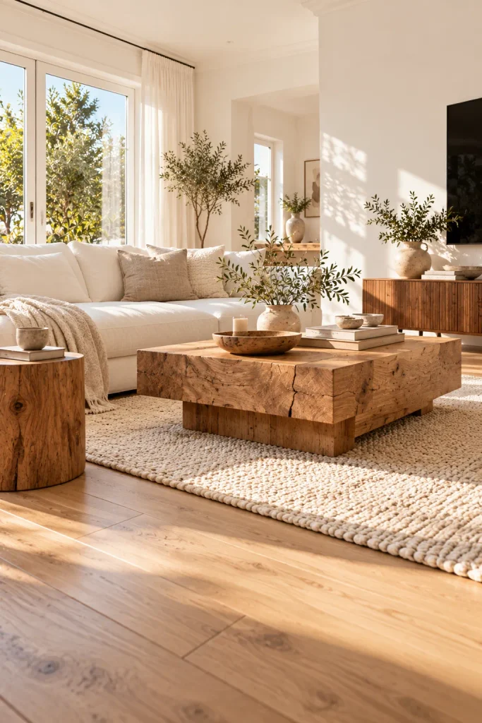 White living room paired with warm wood furniture – warm white living room idea