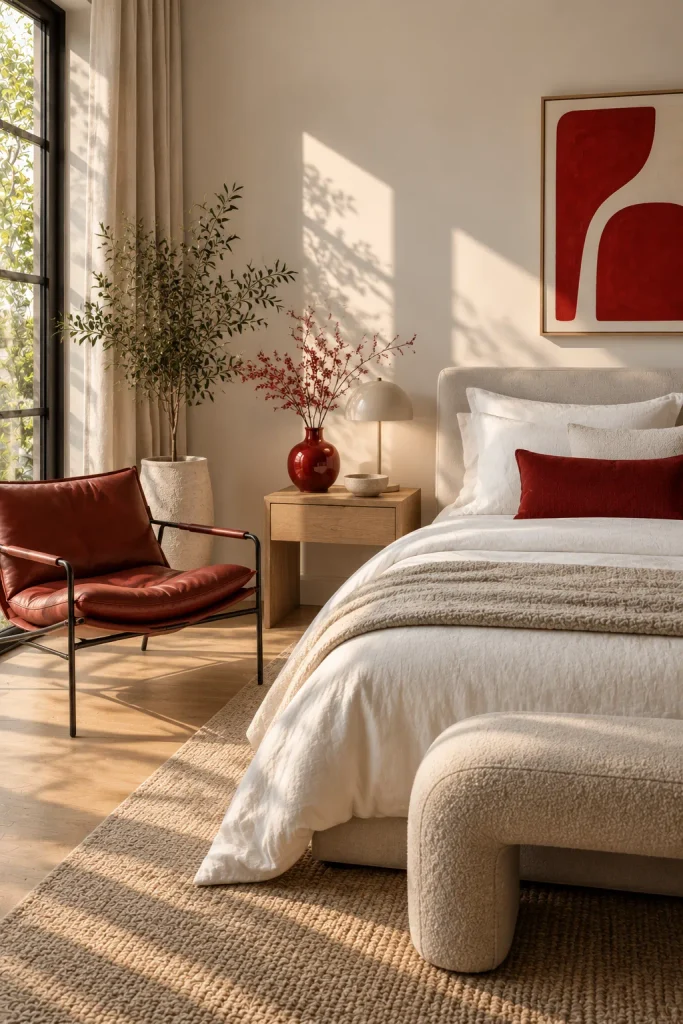 One bold color repeated around a minimalist bedroom – minimalist bedroom idea