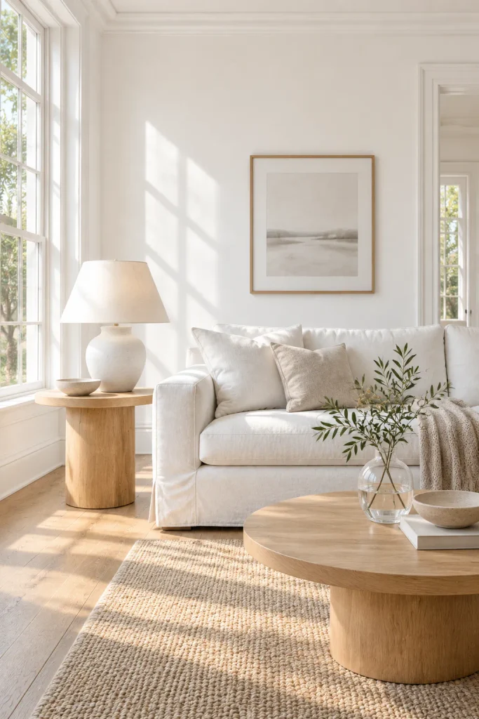 Living room painted in a warm white instead of a cold white – warm white living room idea