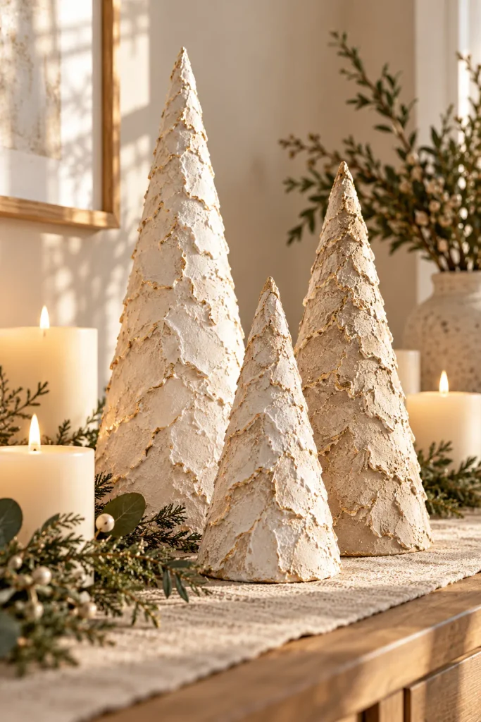 DIY Christmas centerpiece idea: plaster textured cone trees