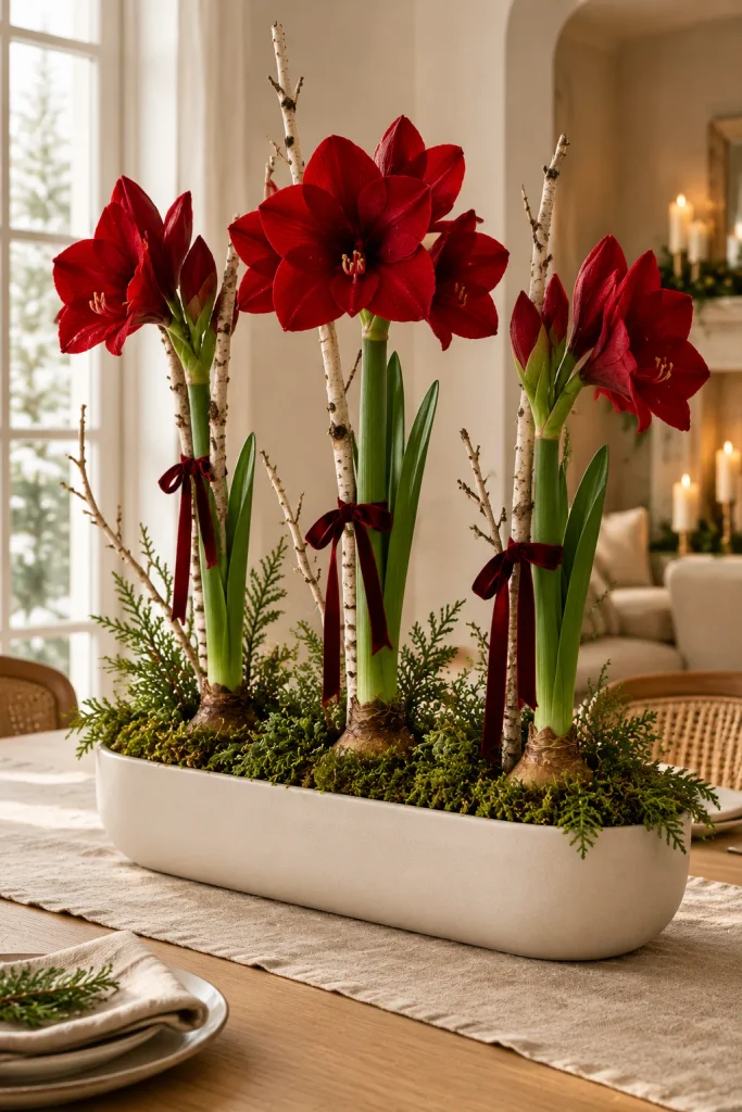 DIY Christmas centerpiece idea: potted amaryllis in a moss covered planter 1