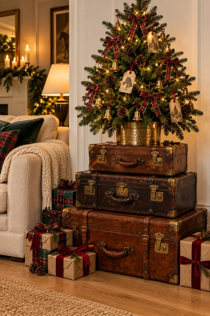Ralph Lauren inspired Christmas idea: raise a tabletop tree on vintage leather trunks