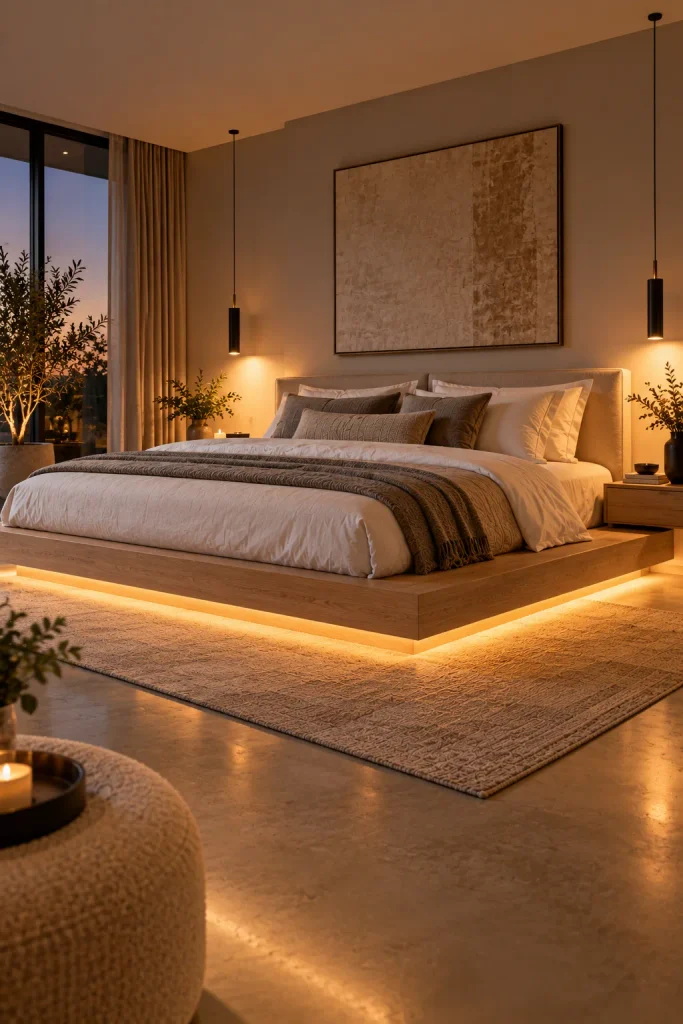 Master bedroom makeover idea: raise the bed on a floating platform